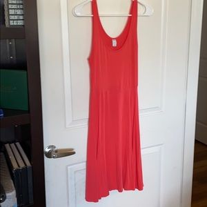 Fun, coral, stretchy, midi dress